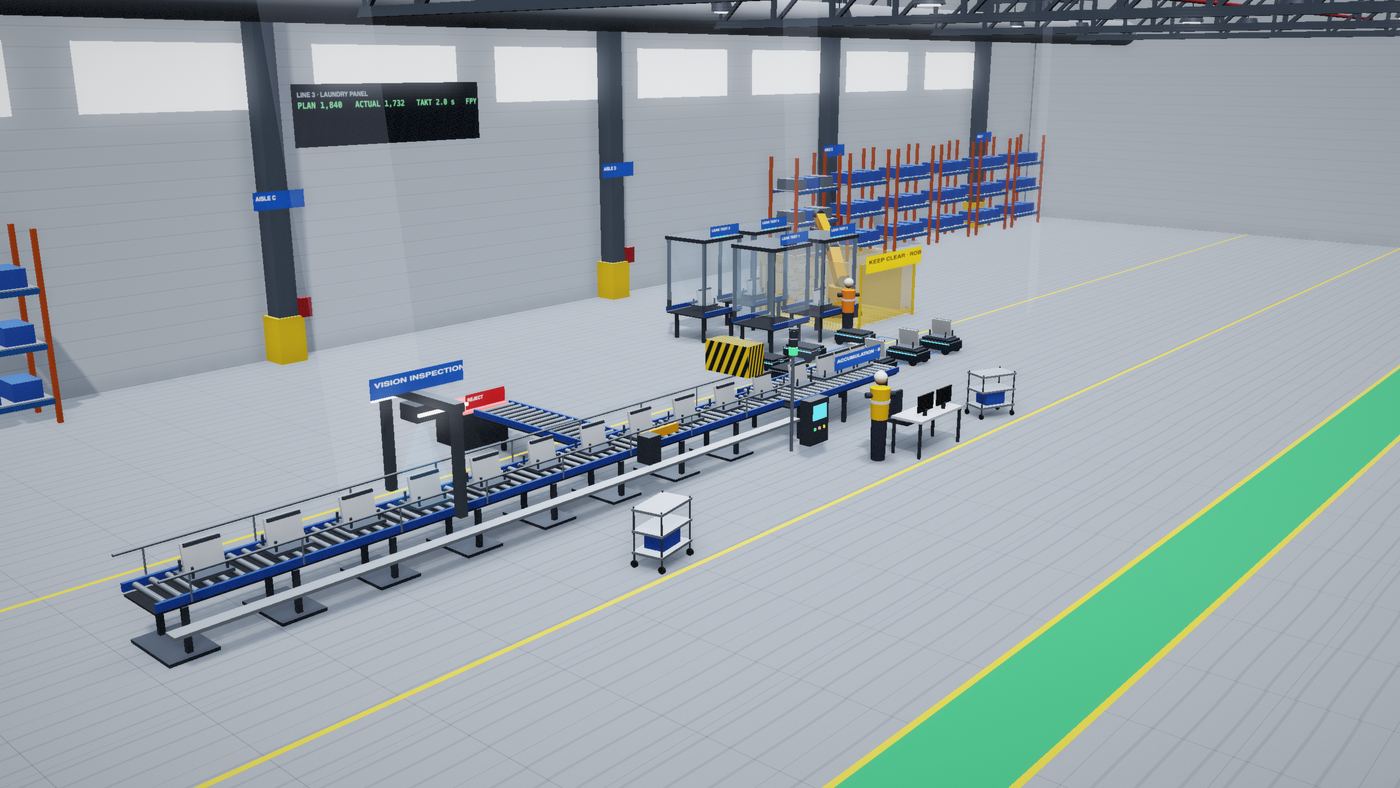 Rendered overview of a synthetic appliance line in an assembly hall