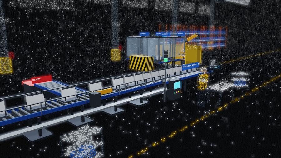 The simulated line running inside the point-cloud capture